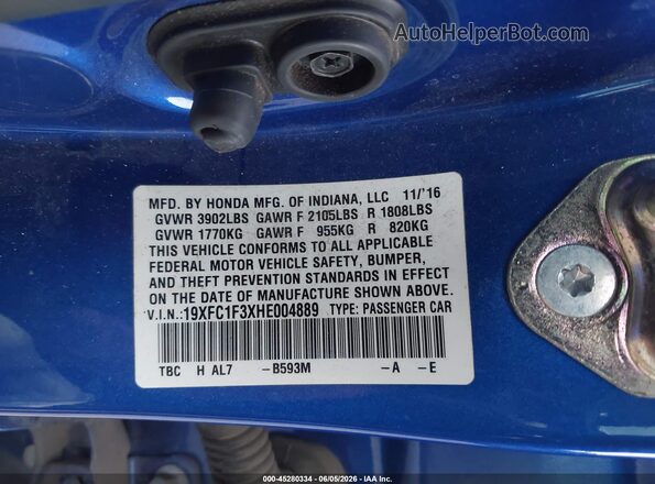 19XFC1F3XHE004889 2017 HONDA CIVIC Blue Widok komory silnika