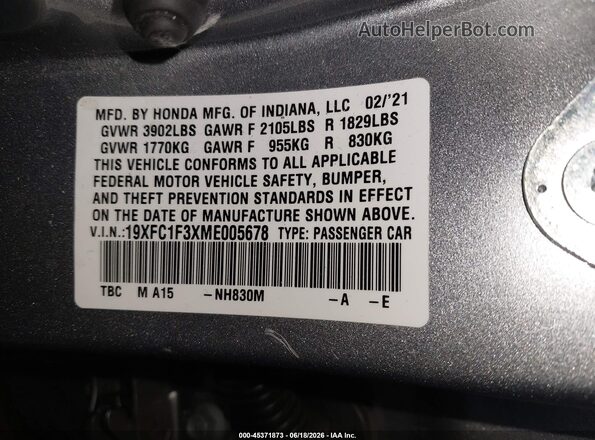 19XFC1F3XME005678 2021 HONDA CIVIC Silver Widok komory silnika