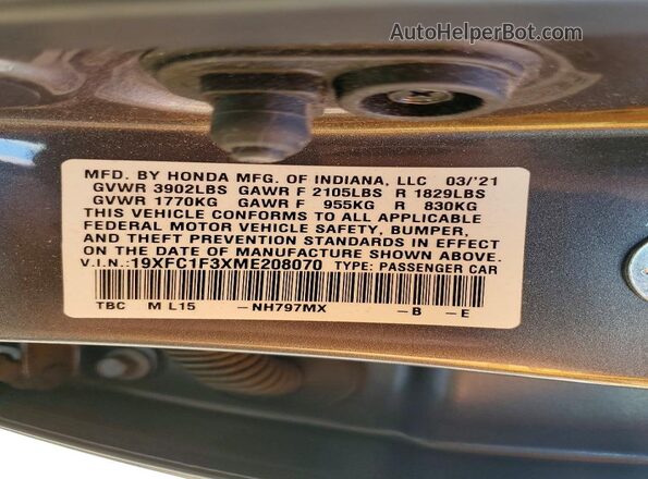 19XFC1F3XME208070 2021 HONDA CIVIC Gray 