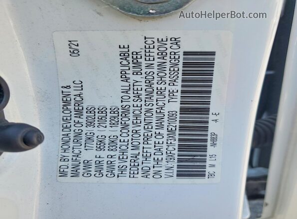 19XFC1F3XME210093 2021 HONDA CIVIC White 