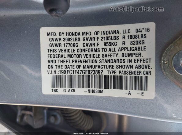 19XFC1F47GE023892 2016 HONDA CIVIC Silver ძრავის განყოფილების ხედი