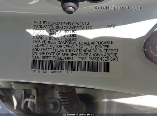 19XFC1F70ME014084 2021 HONDA CIVIC White Vista del compartimento del motor