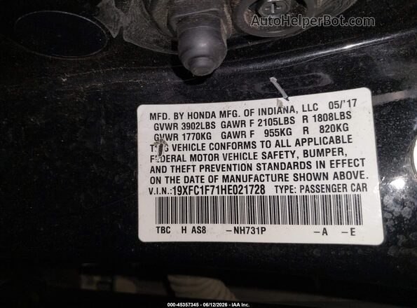 19XFC1F71HE021728 2017 HONDA CIVIC Черный Вид подкапотного пространства