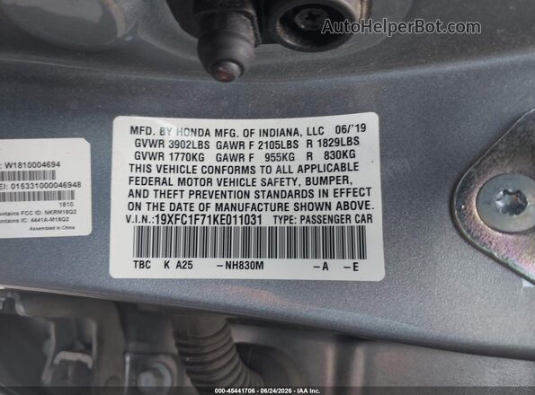 19XFC1F71KE011031 2019 HONDA CIVIC Silver Вид підкапотного простору