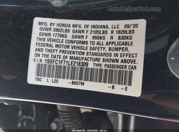 19XFC1F71LE218309 2020 HONDA CIVIC Gray Vista del compartimento del motor