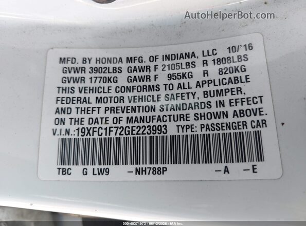19XFC1F72GE223993 2016 HONDA CIVIC White Engine compartment view