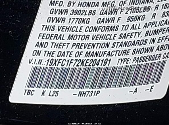 19XFC1F72KE204191 2019 HONDA CIVIC Black Vista del compartimento del motor