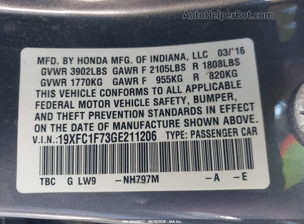 19XFC1F73GE211206 2016 HONDA CIVIC Gray Widok komory silnika