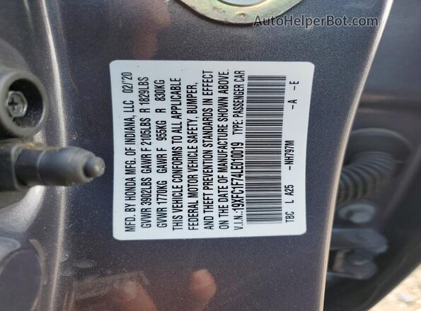 19XFC1F74LE010019 2020 HONDA CIVIC Gray Widok naklejki z numerem VIN