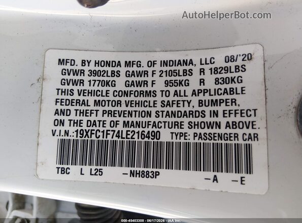 19XFC1F74LE216490 2020 HONDA CIVIC White Շարժիչի բաժամունքի տեսք