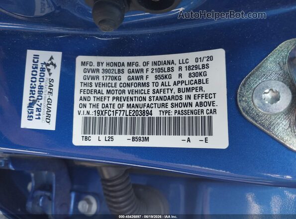 19XFC1F77LE203894 2020 HONDA CIVIC Blue Engine compartment view