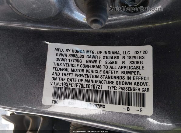 19XFC1F78LE010721 2020 HONDA CIVIC Gray Engine compartment view
