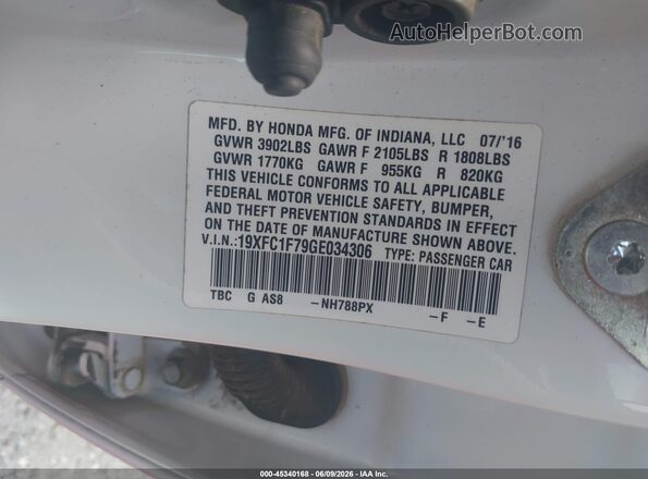 19XFC1F79GE034306 2016 HONDA CIVIC White Widok komory silnika