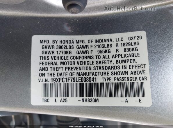 19XFC1F79LE008041 2020 HONDA CIVIC Серебряный Вид подкапотного пространства