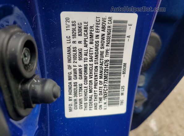 19XFC1F7XME201476 2021 HONDA CIVIC Blue Widok naklejki z numerem VIN