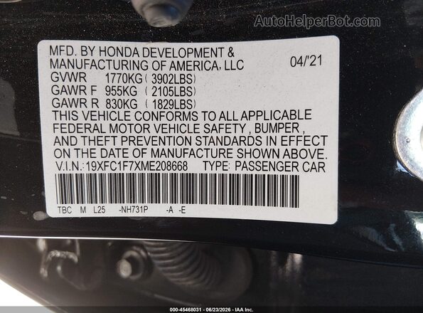 19XFC1F7XME208668 2021 HONDA CIVIC Black Շարժիչի բաժամունքի տեսք