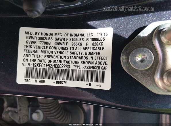 19XFC1F92HE002283 2017 HONDA CIVIC Blue Vista del compartimento del motor
