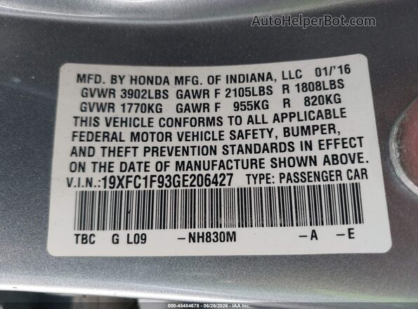 19XFC1F93GE206427 2016 HONDA CIVIC Silver ძრავის განყოფილების ხედი