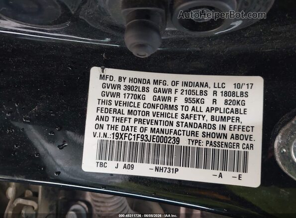 19XFC1F93JE000239 2018 HONDA CIVIC Black Engine compartment view
