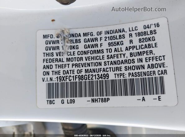 19XFC1F98GE213499 2016 HONDA CIVIC White Widok komory silnika