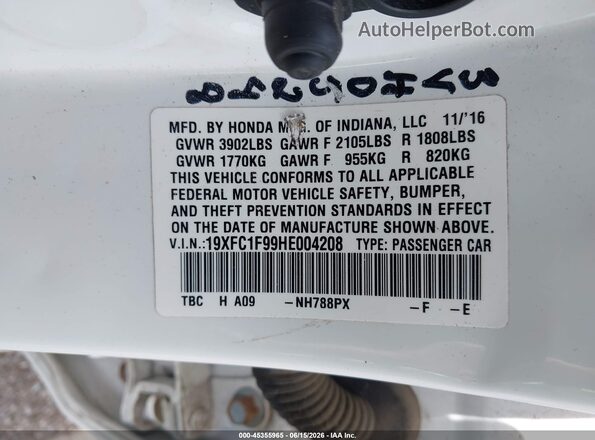 19XFC1F99HE004208 2017 HONDA CIVIC White Շարժիչի բաժամունքի տեսք