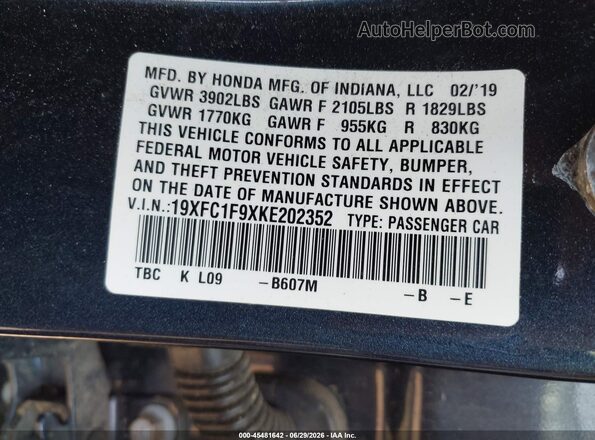 19XFC1F9XKE202352 2019 HONDA CIVIC Blue Vista del compartimento del motor