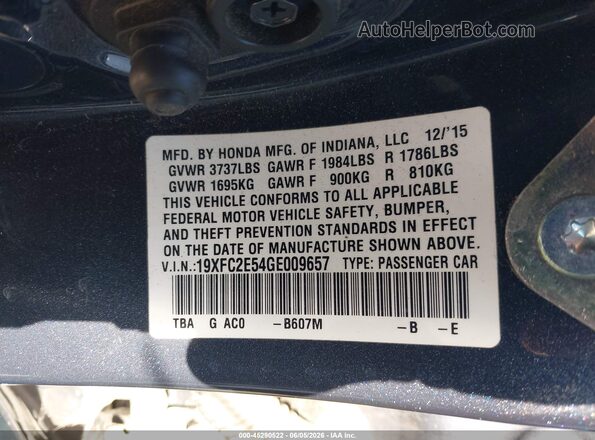 19XFC2E54GE009657 2016 HONDA CIVIC Gray Вид підкапотного простору
