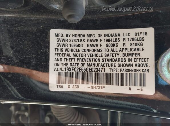 19XFC2E55GE023471 2016 HONDA CIVIC Black Вид підкапотного простору