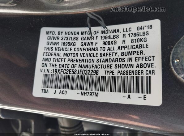 19XFC2E58JE032298 2018 HONDA CIVIC Gray Вид підкапотного простору