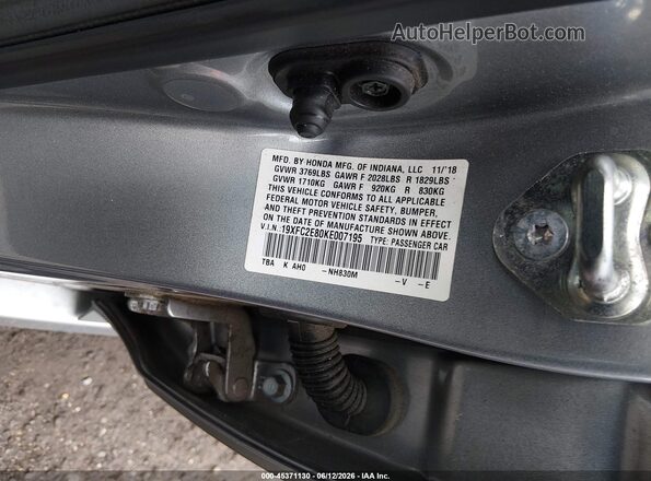 19XFC2E80KE007195 2019 HONDA CIVIC Silver Engine compartment view