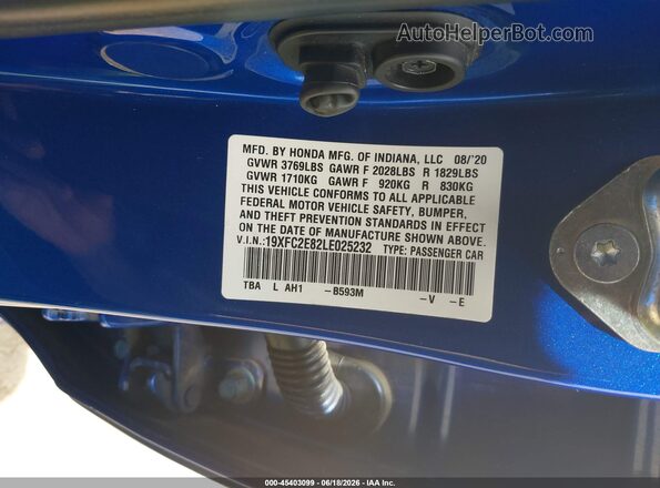 19XFC2E82LE025232 2020 HONDA CIVIC Blue Շարժիչի բաժամունքի տեսք
