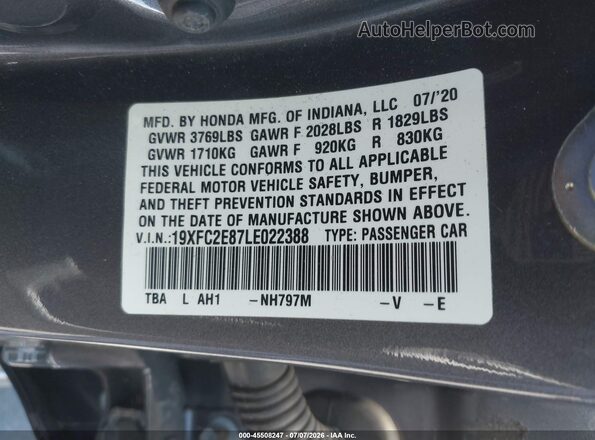 19XFC2E87LE022388 2020 HONDA CIVIC Gray ძრავის განყოფილების ხედი