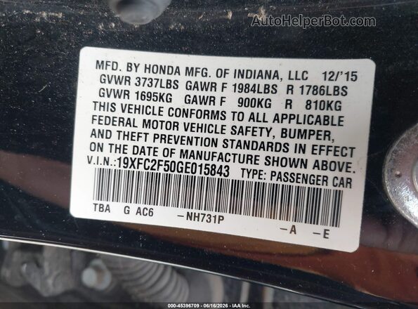 19XFC2F50GE015843 2016 HONDA CIVIC Черный Вид подкапотного пространства