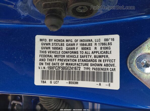 19XFC2F50GE241672 2016 HONDA CIVIC Blue Engine compartment view