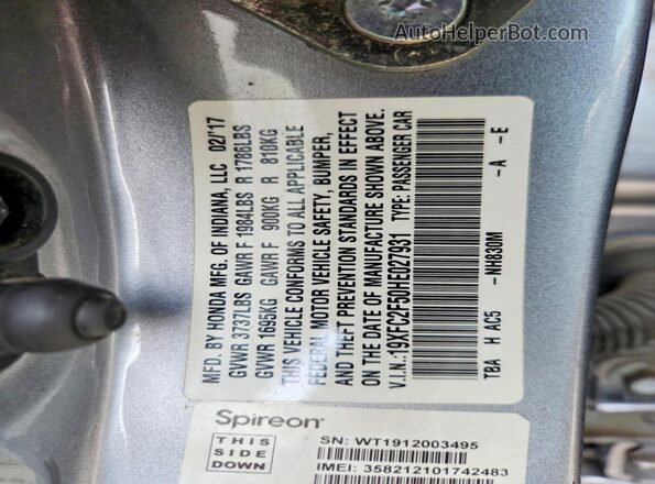 19XFC2F50HE027931 2017 HONDA CIVIC Серебряный Вид подкапотного пространства