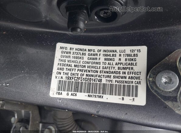 19XFC2F51GE014748 2016 HONDA CIVIC Серый Вид подкапотного пространства