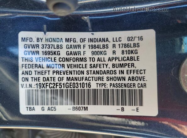 19XFC2F51GE031016 2016 HONDA CIVIC Blue Vista del compartimento del motor