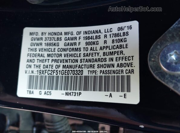 19XFC2F51GE070320 2016 HONDA CIVIC Black Вид підкапотного простору