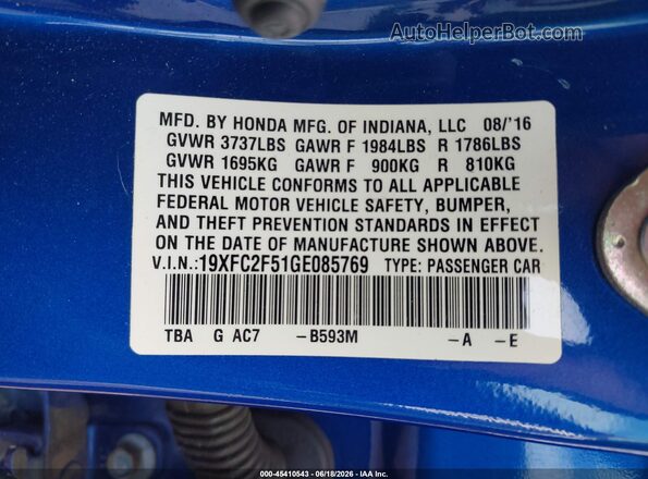 19XFC2F51GE085769 2016 HONDA CIVIC Blue Vista del compartimento del motor
