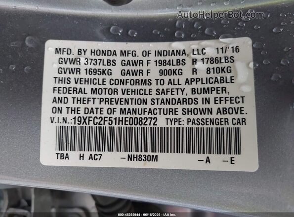 19XFC2F51HE008272 2017 HONDA CIVIC Gray Շարժիչի բաժամունքի տեսք