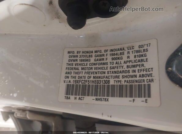 19XFC2F51HE031308 2017 HONDA CIVIC White Շարժիչի բաժամունքի տեսք