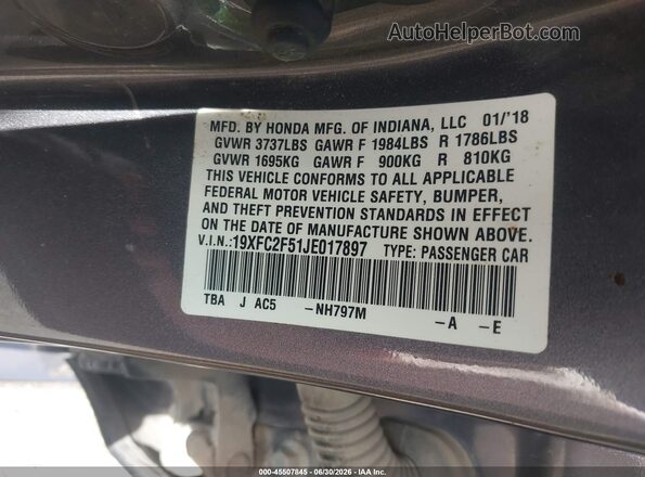 19XFC2F51JE017897 2018 HONDA CIVIC Gray Вид підкапотного простору