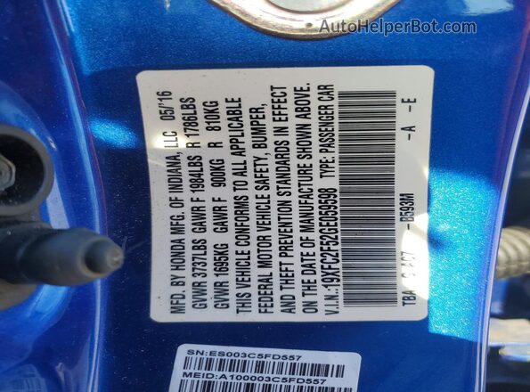 19XFC2F52GE059598 2016 HONDA CIVIC Blue VIN sticker view