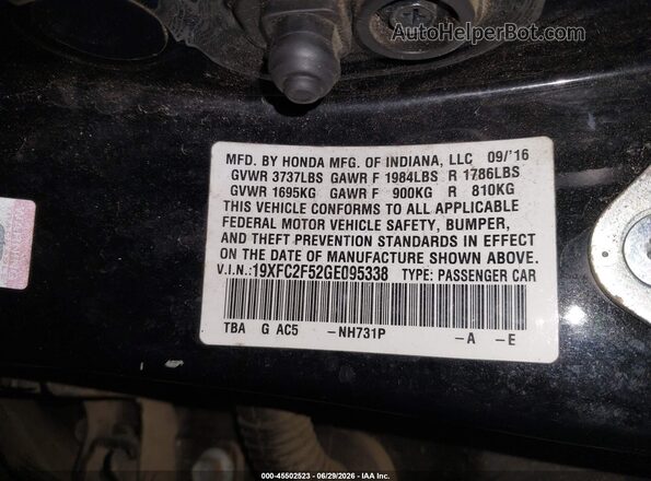 19XFC2F52GE095338 2016 HONDA CIVIC Black Vista del compartimento del motor
