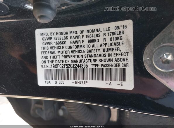 19XFC2F52GE244895 2016 HONDA CIVIC Black Widok komory silnika