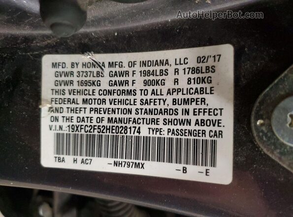 19XFC2F52HE028174 2017 HONDA CIVIC Gray Vista del compartimento del motor