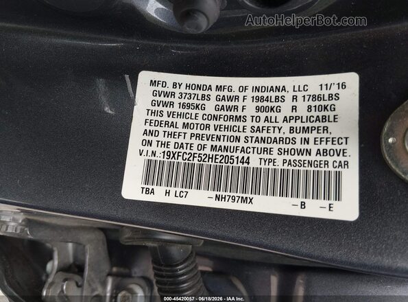19XFC2F52HE205144 2017 HONDA CIVIC Gray Շարժիչի բաժամունքի տեսք