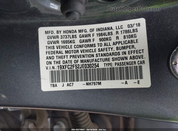 19XFC2F52JE030254 2018 HONDA CIVIC Серый Вид подкапотного пространства