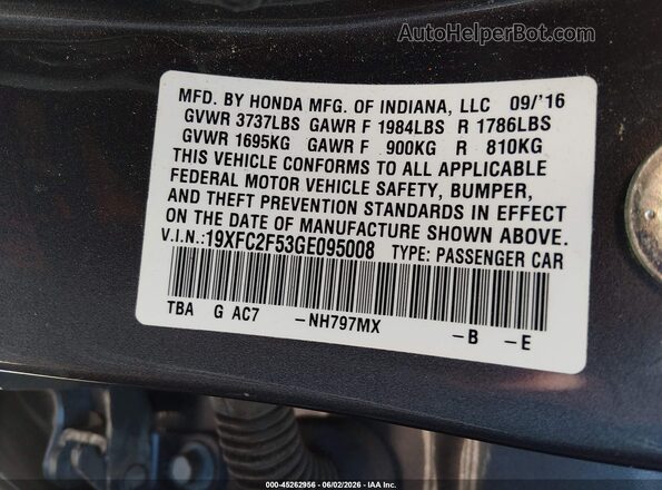 19XFC2F53GE095008 2016 HONDA CIVIC Gray 