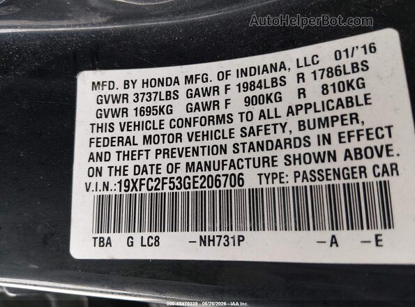 19XFC2F53GE206706 2016 HONDA CIVIC Black Widok komory silnika